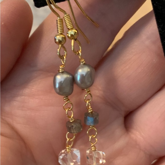 Handmade Pearl Labradorite and Herkimer Dangle Earrings - Picture 4 of 11